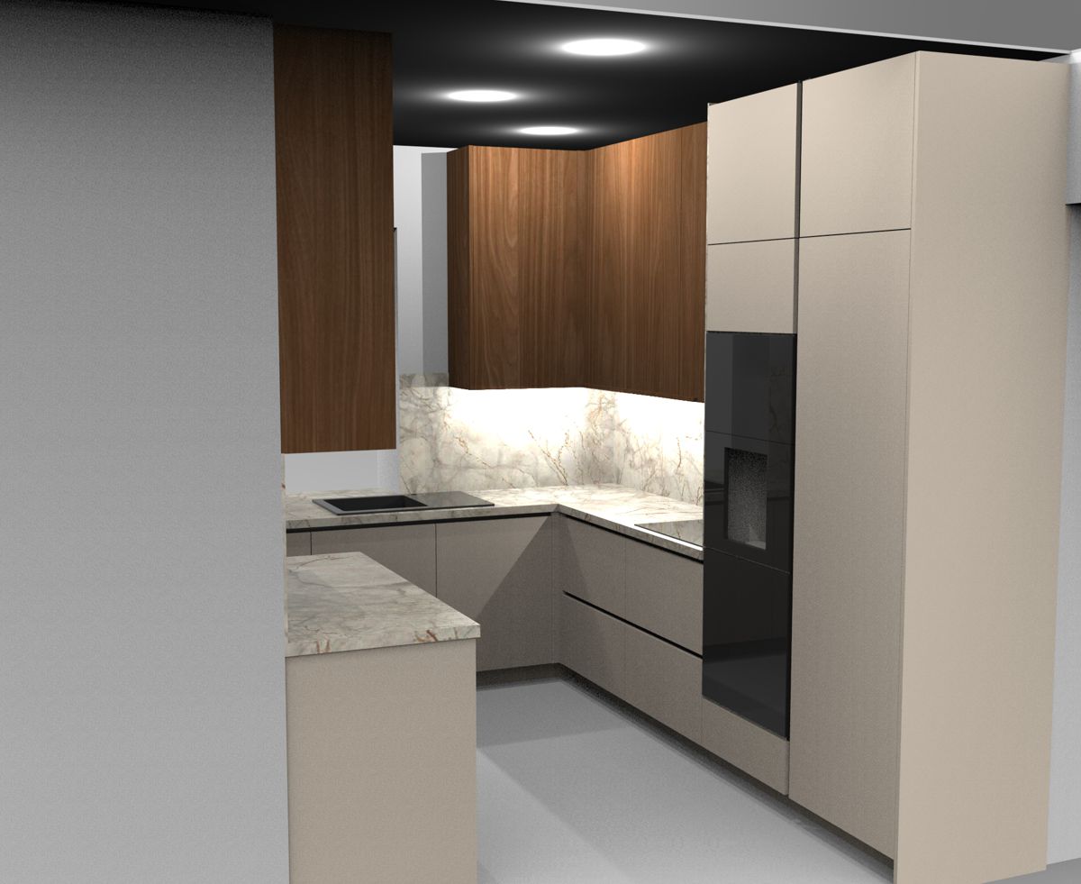 3D vizualizácia projektu Moderná satínovo-orechová kuchyňa
